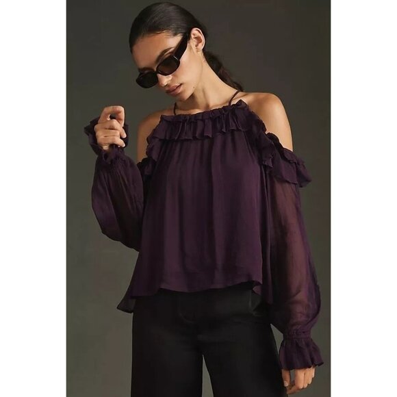By Anthropologie Sheer Ruffled Blouse dark purple Women's Size Medium /j2 - Picture 1 of 8